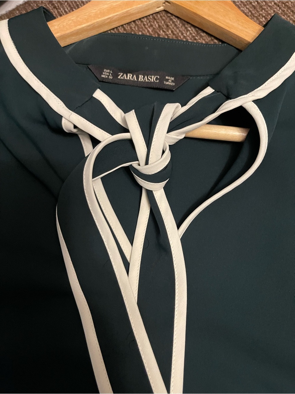 Zara Dark Deep Green Tie-Neck Blouse with White Trim